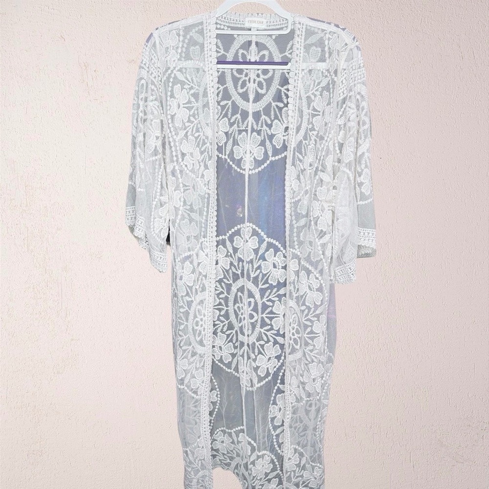 Everleigh White Floral Lace Duster Cardigan Sheer Boho Open Front Kimono Small